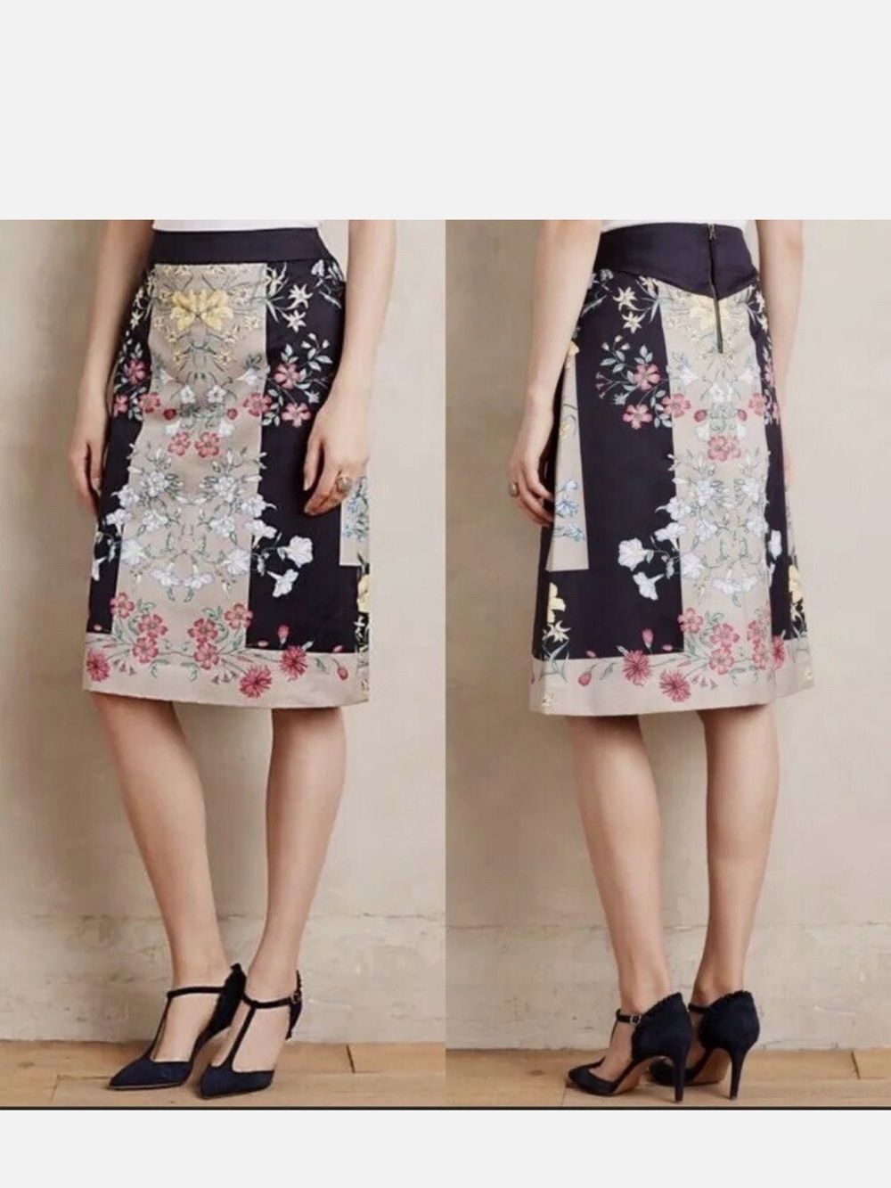 Anthropologie x Moulinette Soeurs 16 Navy Safi skirt botanical floral border